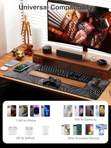 Wireless Charging Mouse Pad, 31.5"x15.8" Large Desk Mat, Smooth Glide | Waterproof Mousepad, Stitched Edge, Non-Slip Rubber Base, Desk Pad Computer Keyboard Mat, No Adapter - color: Black-31.5"x15.8"-Contour