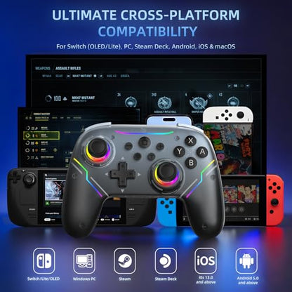 JDDWIN Wireless Controller for Switch 2/Switch/PC/Steam Deck, Hall Effect Joysticks & Triggers/Wake-up Function, Gamepad with RGB Light /Turbo/Programmable/ Dual Vibration Bluetooth USB Adapter for PC (Black) - color: Black