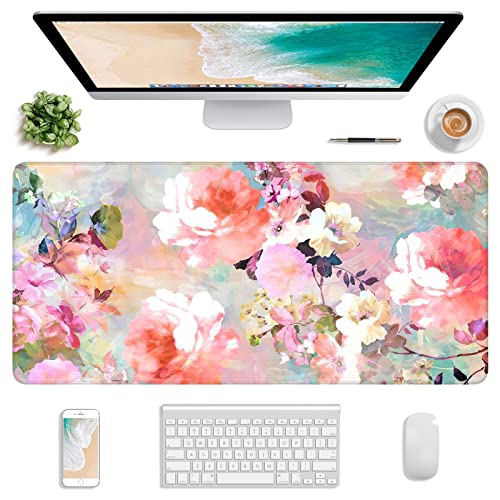 Extended Gaming Mouse Pad, XXL Large Desk Pad 30 x 14 Inch, Big Computer Keyboard Mousepad, Waterproof Mouse Mat with Stitched Edges and Non-Slip Base for Women Office Gaming, Flower - color: Flower