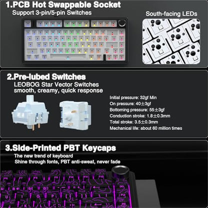 AULA F75 Pro Wireless Mechanical Keyboard with Knob,75% Hot Swappable Custom Gaming Keyboards,RGB Backlit,Pre-lubed Switches,Side Printed PBT Keycaps Creamy Sounding Computer Keyboard, Line Black - color: F75 Pro-Line Black