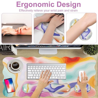 L-SPOUTTO Topographic Mouse Pad Set,Abstract Scalloped XXL Desk Mat + Ergonomic Mouse Wrist Rest +Gel Keyboard Wrist Rest for Keyboard 65%/75%,3in1 Large Desk Pad for Desktop Home Office Computer Game - color: Colorful Topographic