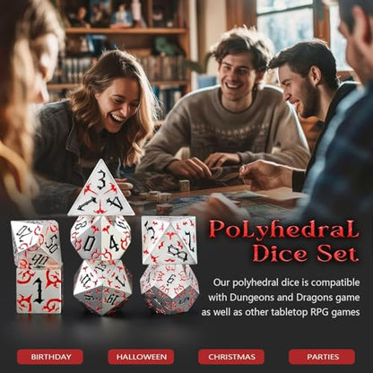 ZHOORQI Metal DND Dice 7Pcs Bat Design Polyhedral Die Set(BF-White Red) | Sharp Edge D and D Dice for Dungeons and Dragons DM RPGs Gift Gaming Collection - color: Bat-white Red