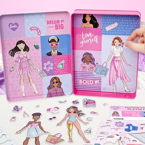 Barbie D.I.Y. Magnetic Play Set, 75 Pieces, 3 Magnetic Dolls, Crafts for Kids Ages 4-8, 4 Year Old Girl Birthday Gifts, Girl Toys, Cute Travel Toy, Fun Airplane Activities, Pretend Play for Girls - color: Barbie