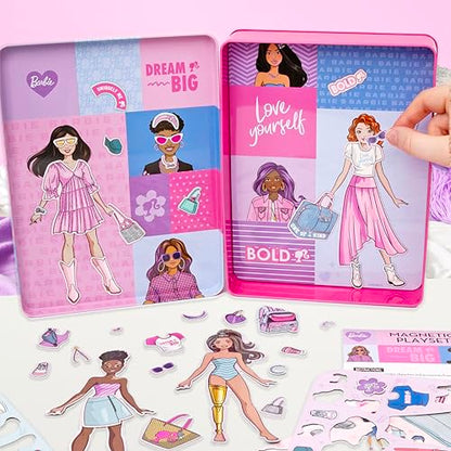 Barbie D.I.Y. Magnetic Play Set, 75 Pieces, 3 Magnetic Dolls, Crafts for Kids Ages 4-8, 4 Year Old Girl Birthday Gifts, Girl Toys, Cute Travel Toy, Fun Airplane Activities, Pretend Play for Girls - color: Barbie