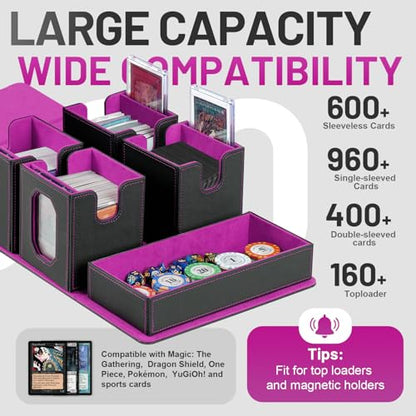 Trading Card Storage Box with Commander Display for MTG, TCG, Sports Cards, 5-in-1 Card Deck Box, Holds 450+ Double-Sleeved Cards, 4 Individual Deck Cases with Covers, Dice Tray & Magnetic Holders - color: Black & Purple