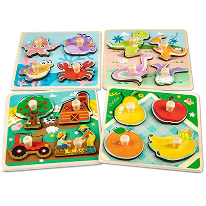 Wooden Toddler Puzzles - 4 Pcs Eco-Friendly Animal Patterns Jigsaw With Handles - Infant Kid Fine Motor Skill Learning Educational Montessori Toys for 1-3 Years Old - style: Style A