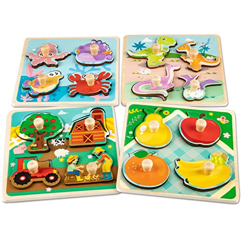 Wooden Toddler Puzzles - 4 Pcs Eco-Friendly Animal Patterns Jigsaw With Handles - Infant Kid Fine Motor Skill Learning Educational Montessori Toys for 1-3 Years Old - style: Style A