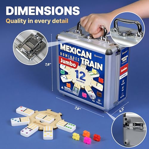 Queensell Mexican Train Dominoes Set with Jumbo Tiles – Double 12 Dominoes Set for Adults, 91 Tiles with Colorful Dots, Wooden Hub, Train & Aluminum Case - style: D12 Jumbo
