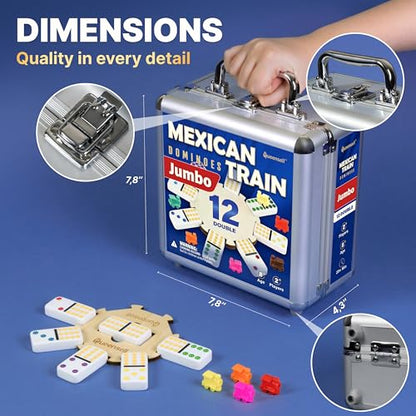 Queensell Mexican Train Dominoes Set with Jumbo Tiles – Double 12 Dominoes Set for Adults, 91 Tiles with Colorful Dots, Wooden Hub, Train & Aluminum Case - style: D12 Jumbo