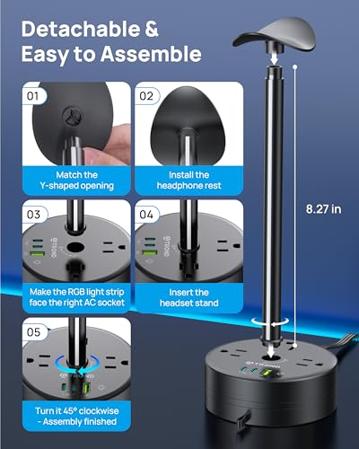 TROND Headphone Stand with PD 20W USB C Charger, RGB Gaming Headset Holder with 3 AC Outlets Extension, 5ft Retractable Power Strip Suitable for Gamer Desktop Table Game Earphone Accessories Gift