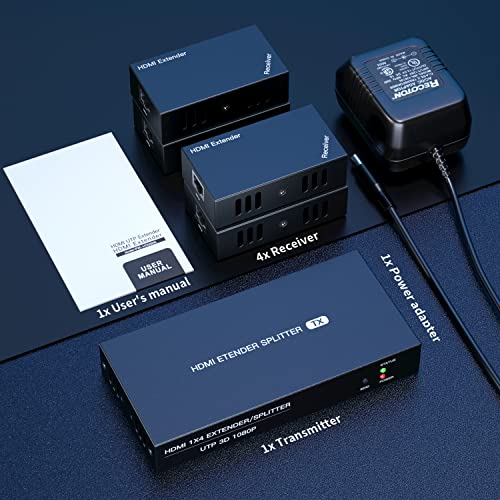 HDMI Extender Splitter 1x4 1080P@60Hz Over Cat 5E/6/7 Ethernet Cable 165ft | Support EDID Copy POC Function (1 in 4 out), for Church, Classroom, Business Activity, Multi Video Displays - size: 1x4 1080P 165ft