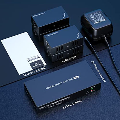 HDMI Extender Splitter 1x4 1080P@60Hz Over Cat 5E/6/7 Ethernet Cable 165ft | Support EDID Copy POC Function (1 in 4 out), for Church, Classroom, Business Activity, Multi Video Displays - size: 1x4 1080P 165ft