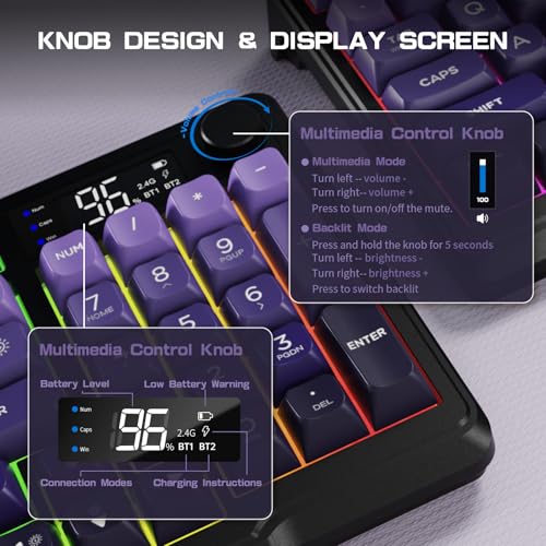 LexonElec M96 Wireless Keyboard, Low Profile Quiet Typing Membrane Gaming Keyboard with Smart Display & Knob, RGB Backlit, USB C Rechargeable, 94 Keys PBT Keycap for Windows PC,Mac,Linux-Grape Purple - color: Grape Purple