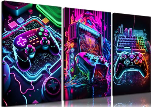BGFCE Game Room Decor Set of 3 - Neon Gaming Accessories Theme Canvas Wall Art, Gamer Console Paintings Posters Picture Wall Decor for Children Youth Boys Bedroom 16x24in Framed - color: Purple Cool Game Canvas, size: 24L" x 16W"