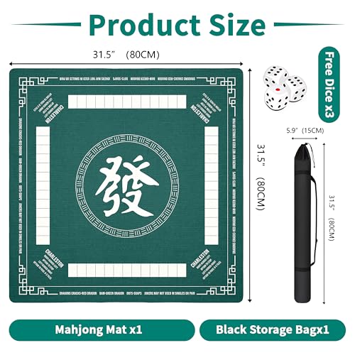 Mahjong Mat with Black Carrying Bag, 31.5"x31.5" Anti-Slip Noise Reduction Gaming Mat for Mahjong, Poker, Board Games, 3 Dice & Black Storage Bag - color: Dark Green