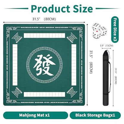 Mahjong Mat with Black Carrying Bag, 31.5"x31.5" Anti-Slip Noise Reduction Gaming Mat for Mahjong, Poker, Board Games, 3 Dice & Black Storage Bag - color: Dark Green
