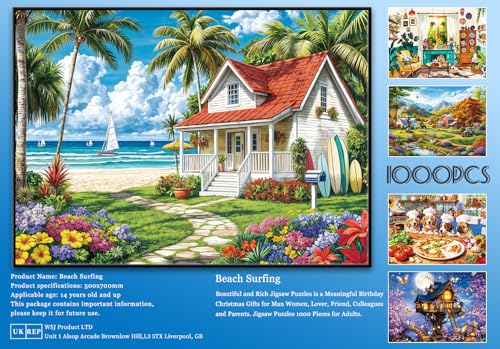 Jigsaw Puzzles for Adults 1000 Piece Puzzle for Adults 1000 Pieces Puzzle 1000 Pieces-Summer Beach Vacation -Surfing, Coconut Trees, Wooden Houses - color: Beach Surfing