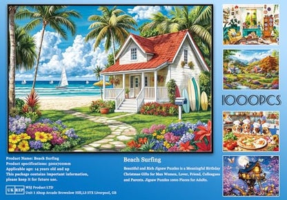 Jigsaw Puzzles for Adults 1000 Piece Puzzle for Adults 1000 Pieces Puzzle 1000 Pieces-Summer Beach Vacation -Surfing, Coconut Trees, Wooden Houses - color: Beach Surfing