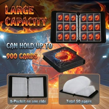 Trading Card Binder 9 Pocket, Basketball Card Binder Holds 900 Cards with 50 Removable Sleeves, Waterproof PU Leather with Zipper Card Collector Album Book Compatible with TCG Cards - color: Basketball