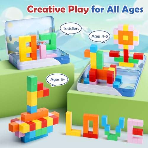 52 PCS Magnetic Blocks with Metal Box, 0.8in Mini Building Cubes Travel Toy | Magnetic Building Blocks Travel Airplane Classroom Toys for Kids Ages 3+, STEM Educational Toys for Boys Girls Birthday Gifts - color: Colorful