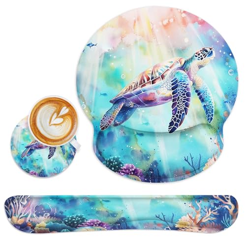 Ergonomic Mouse Pad Set with Wrist Rest, Cute Sea Turtle | Coral Reef Ocean Non-Slip Rubber Base Wrist Cushion Support and Coasters Mousepad with Wrist Support for Computer Keyboard - color: Sea Turtle