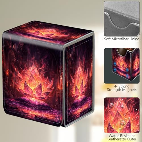 Card Deck Box, Card Storage Box Fits 100+ Single Sleeved Cards, Large Capacity PU Leather Card Storage Box with Strong Magnet for Magic Commander TCG/CCG, Magic Lotus - color: Magic Lotus