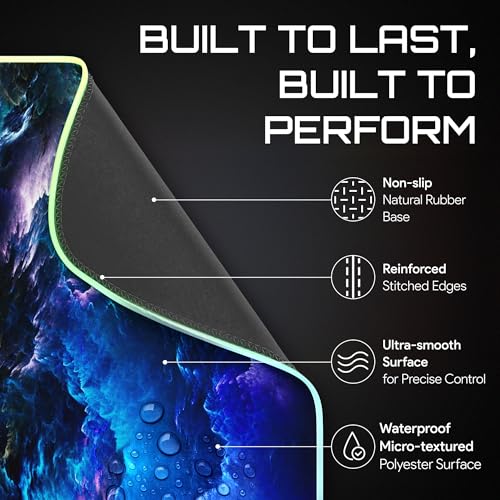 Gerlos RGB Gaming Mouse Pad, Large LED Desk Mat, 31.5 x 11.8 Inch | 12 light modes, non-slip base, water-resistant surface, stitched edges - color: Blue