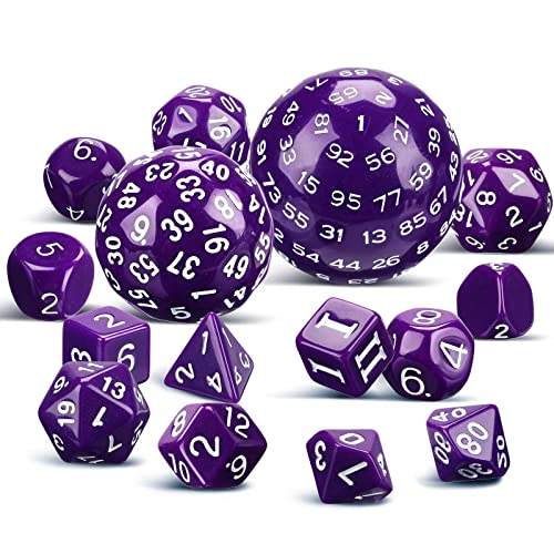 Civaner 15 Pcs Complete Polyhedral Dice Set D3-D100 Spherical RPG Dice Set in Opaque Black, 100 Sides for Role Playing Table Games Party Supplies(Purple and White) - color: Purple and White
