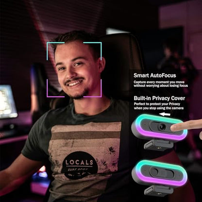 2K Webcam for PC with Microphone/Ring Light,USB C Computer Camera | Webcam with RGB/White Light/Cover,Autofocus,65°FOV, PC Web Camera for Desktop Computer Video Meeting/Gaming Streaming - color: 2k webcam with light