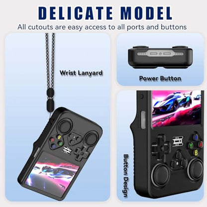 for R36S Silicone Case, Soft Skin for R36 S Handheld Game Console Accessories, Anti-Scratch Washable Silicone Cover with Lanyard (Black) - color: Black