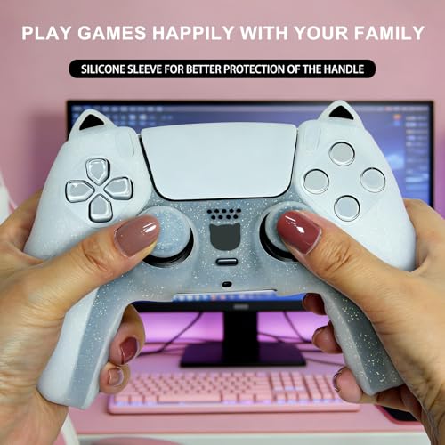 White Cat Glitter Anti-Slip Protective Silicone Cover Skin Grips Compatible with PS5/Slim/Pro Controller,8 PCS Glitter Thumb Grips Caps and 2 Paw Grips Caps. (Cat White) - color: Cat White