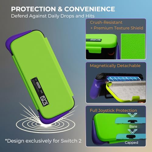 Plenbo FoldeX Switch 2 Grip Case with Detachable Flip Cover- Purple/Green | Dockable Ergonomic Handheld Protective Hard Shell for Nintendo Switch 2, 3-Mode Compatible Joy-Con 2 Controller Grip - color: Neon Purple & Green