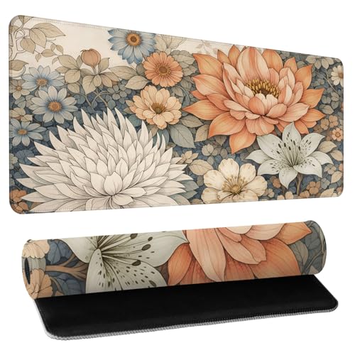 Floral Desk Mat - 31.5x11.8 Inch Japanese Flower Large Mousepad Boho Aesthetic Extended Mouse Pad with Anti-Slip Rubber Base for Computer Mouse Keyboard Home and Office