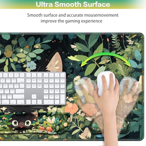 Mouse Pad Anime Mouse Pad with Wrist Rest | 4-in-1 XXL Large Desk Mat Kawaii Mousepad with Gel Wrist Support Keyboard Wrists Rest Coaster, Ergonomic Gaming Cat Desk Pad - color: Curious Cat