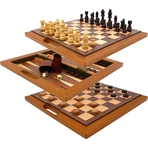 3-in-1 Chess, Backgammon, and Checkers Set – Wooden Board Game Set Folds for Practical Storage and Transport – Travel Board Games by Trademark Games - style: 3-in-1