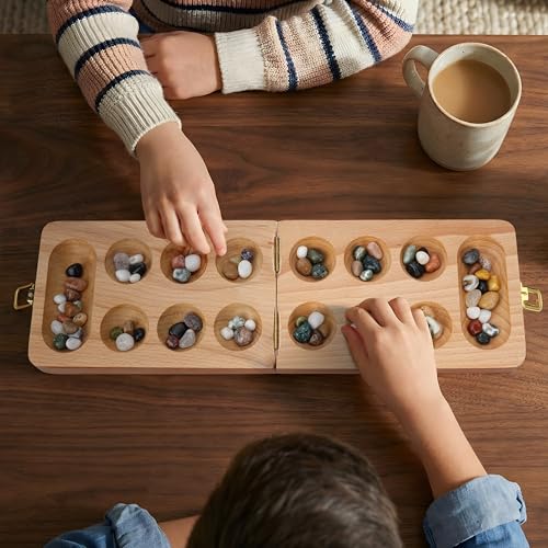 Ajuny Mancala Board Game, Real Natural Stones, Folding Wooden Travel Set | Solid beech wood, 80 unique real stones (48+32), folds & latches shut. Screen-free 2 player game for family night, kids 6+ - size: 8 Inch