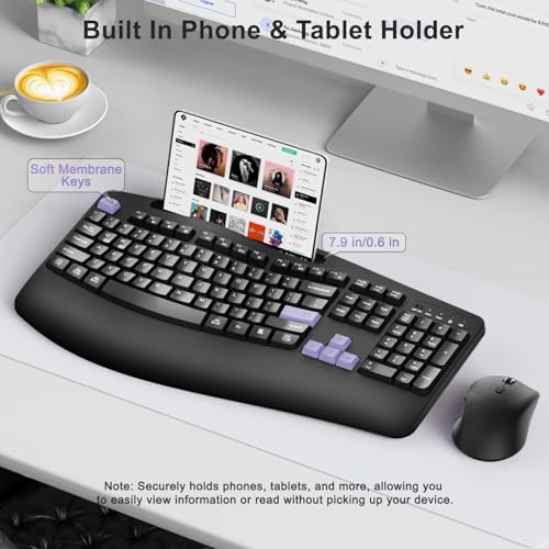 Wireless Keyboard and Mouse Combo, Full Size Ergonomic Wave Keys(Purple-B) | 2.4G Ergonomic Keyboard with Wrist Rest, Phone Holder, 3-Level DPI Silent Mouse with 6-Buttons, for Windows/Mac OS/Laptop/PC - color: Purple Black
