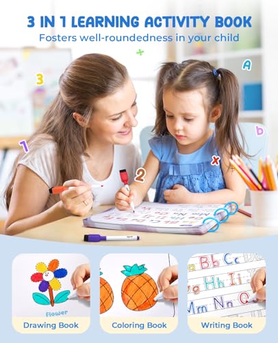 JoyCat Preschool Learning Activities 48 Reusable Pages for 3-8 | Handwriting Practice for Kids Toddlers, Tracing Letter Number Workbooks, Educational Autism Busy Book, Learning Gift Toys - style: 1. Trace & Write