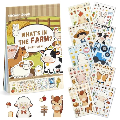 Farm Animal Stickers for Kids and Toddlers, Make-a-Face Sticker Book, 10 Unique Mix‑and‑Match Designs and 1 Scene Card, Goodie Bag Stuffers, Birthday Party Favors, DIY Crafts Supplies - style: Farm