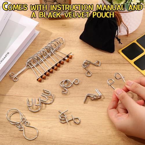 Metal Wire Puzzle Set of 8 with Pouch, Brain Teaser Puzzles IQ Test Ring Disentanglement Unlock Interlock Game Trick Metal for Party Favor Challenge (E Style) - style: E Style