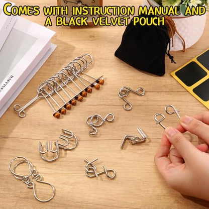 Metal Wire Puzzle Set of 8 with Pouch, Brain Teaser Puzzles IQ Test Ring Disentanglement Unlock Interlock Game Trick Metal for Party Favor Challenge (E Style) - style: E Style