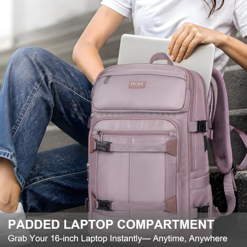 PIJUSHI Casual Travel Backpack for Women with 16" Padded Laptop Compartment | Carry On Luggage with USB Charging Port, 1680D Water-Resistant Nylon, Airline Approved, For Daily, Hiking - color: Updated Ashen Purple