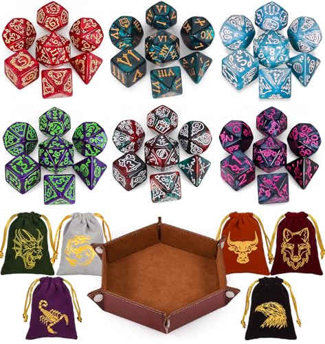 CiaraQ Polyhedral Dice Set - DND Role Playing Dice | Acrylic RPG Dice for Dungeons and Dragons MTG Table Games, Multicolor, 42pcs - color: Red/Green/Blue/Purple/Black/Red & Green