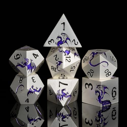 Metal Dice Set,7-Piece Dragon Dice for DND and RPGs,Silver Purple | Heavy zinc alloy polyhedral dragon dice with easy-to-read numbers and a magnetic gift box for fantasy tabletop RPG games. - color: Matte Silver With Purple