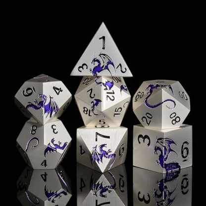 Metal Dice Set,7-Piece Dragon Dice for DND and RPGs,Silver Purple | Heavy zinc alloy polyhedral dragon dice with easy-to-read numbers and a magnetic gift box for fantasy tabletop RPG games. - color: Matte Silver With Purple