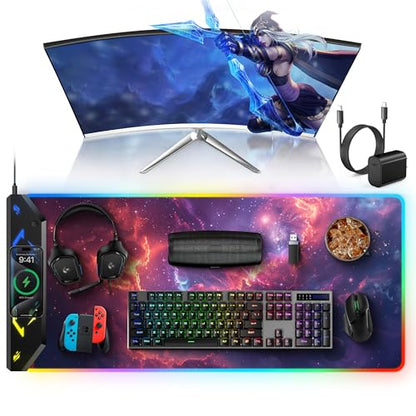 TopMade Wireless Charging Mouse Pad, RGB Gaming Mousepad, 35.4" x 15.8" Extra Large Waterproof Keyboard Desk Pad, Computer Desk Mat, Red Nebula (Includes 20W PD Power Adapter & 6.56ft Woven Cable) - color: RGB Red Nebula-35.4"x15.8"-with Adapter