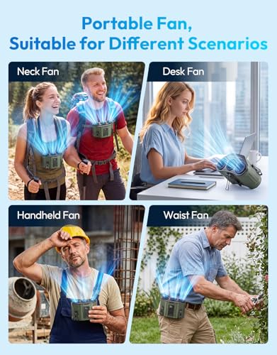 Portable Waist Fan with 3 Turbo Fans, 12000mAh Rechargeable Wearable Belt Fan, Shirt Fan Strong Airflow Fast Cooling, Hands Free Clip Fan for Outdoor Jobsite Construction Farm, Green - color: Green