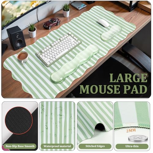 L-SPOUTTO Green Striped Mouse Pad Set,Scalloped XXL Desk Mat + Ergonomic Mouse Wrist Rest + Gel Keyboard Wrist Rest for Keyboard 65%/75%,3in1 Large Desk Pad for Desktop Home Office Computer Game - color: Green Striped