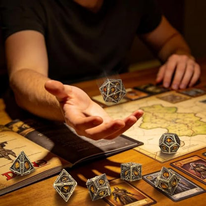 Metal Dice Set, Dragon Eye Theme, 7pcs Polyhedral Metal DND Dice Set, DND Starter Set, D&D Gifts with Gift Box, Role Playing Board Games Accessories, Bronze Amber - color: Bronze Amber With Gift Box