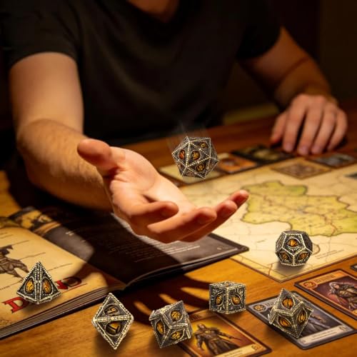 Retro Bronze Dragon Eyes Metal Dice Set, 7 Pcs Polyhedral Dice with Bag, TRPG Accessory, for DND Fans, Birthday Gifts for Him Men Gamer - color: Black Metal